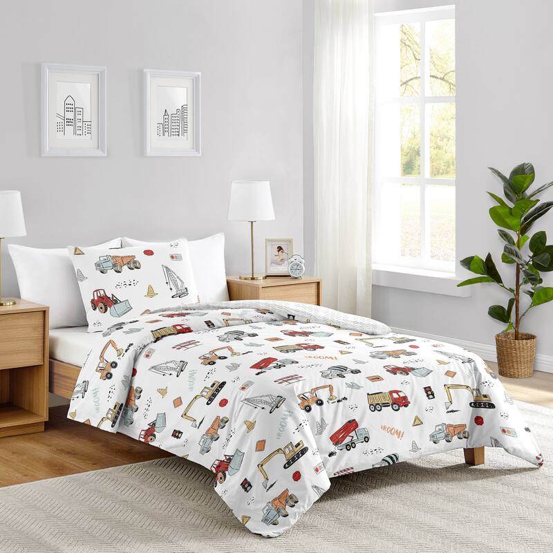 Sweet Jojo Designs Construction Truck Boy 2pc Twin Comforter Set - Grey Yellow Orange Red Blue Transportation Chevron