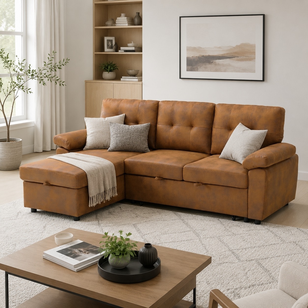 88.5" L-Shaped Pull-Out Sleeper Sectional Sofa Bed with Storage Chaise and Padded Armrests