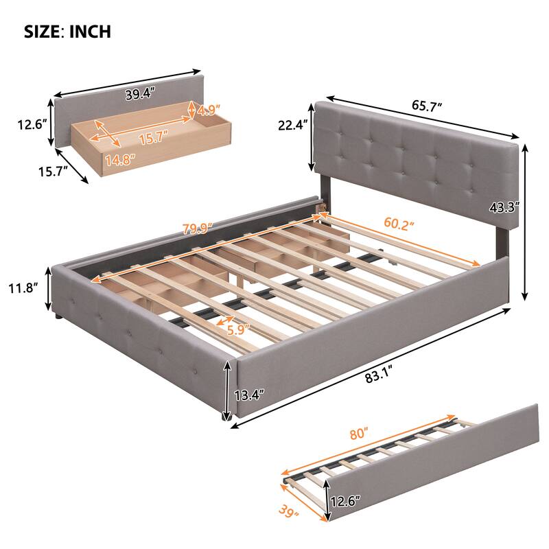 Upholstered Platform Bed with 2 Drawers and 1 Twin XL Trundle, Linen Fabric, Queen Size
