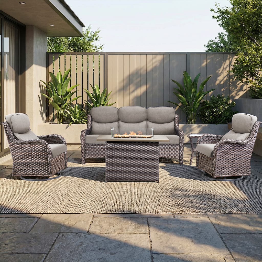 Pocassy Outdoor Fire Pit with Sofa Swivel Chairs Conversation Set