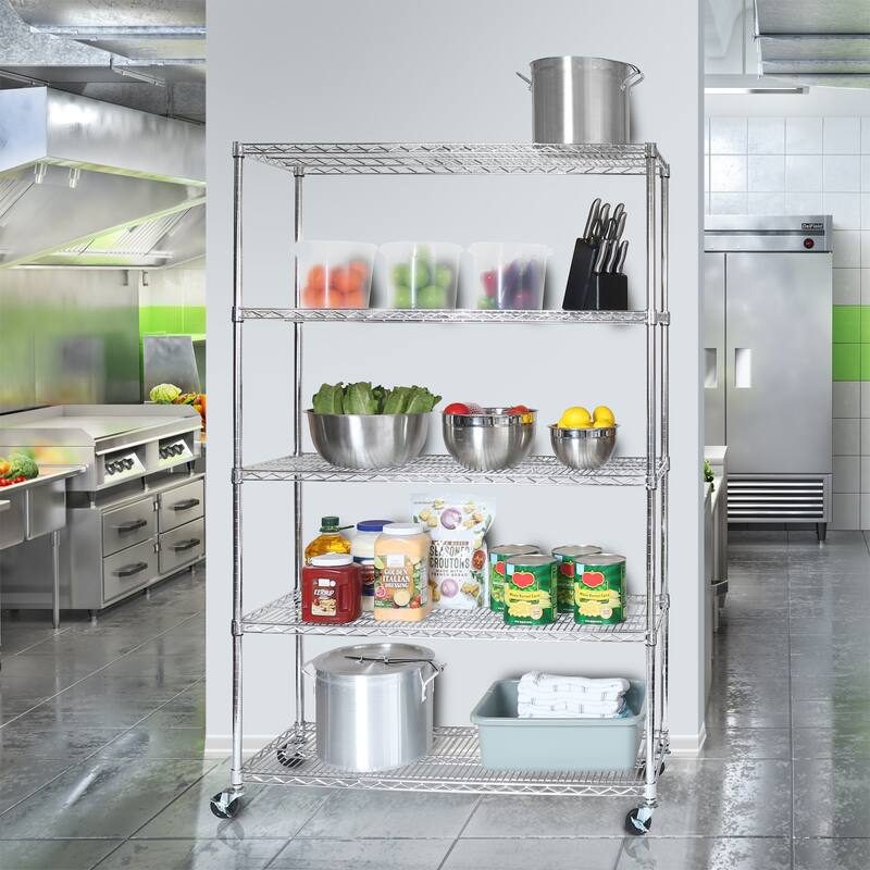 Seville Classics Commercial-Grade 5-Tier NSF-Certified Steel Wire Shelving with Wheels, 48" W x 18" D x 72" H