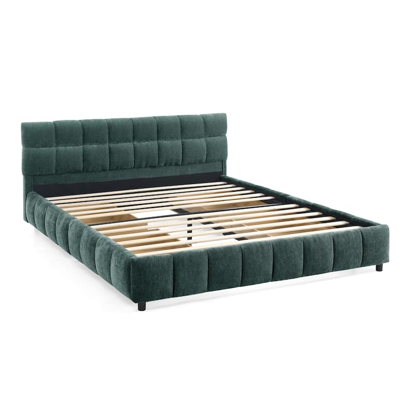 Queen Size Upholstered Bed with Storage Drawers, Soft Chenille Fabric Frame, Modern Platform Bed with Headboard
