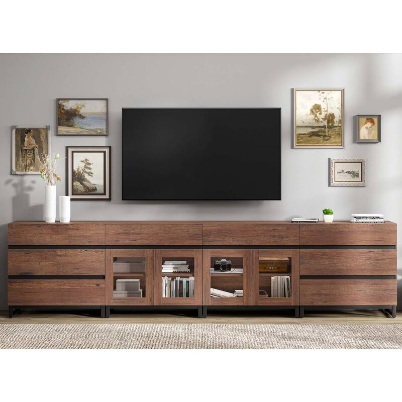 4-in-1 TV Stand for 120" TVs, Console with Glass Doors & 8 Drawers