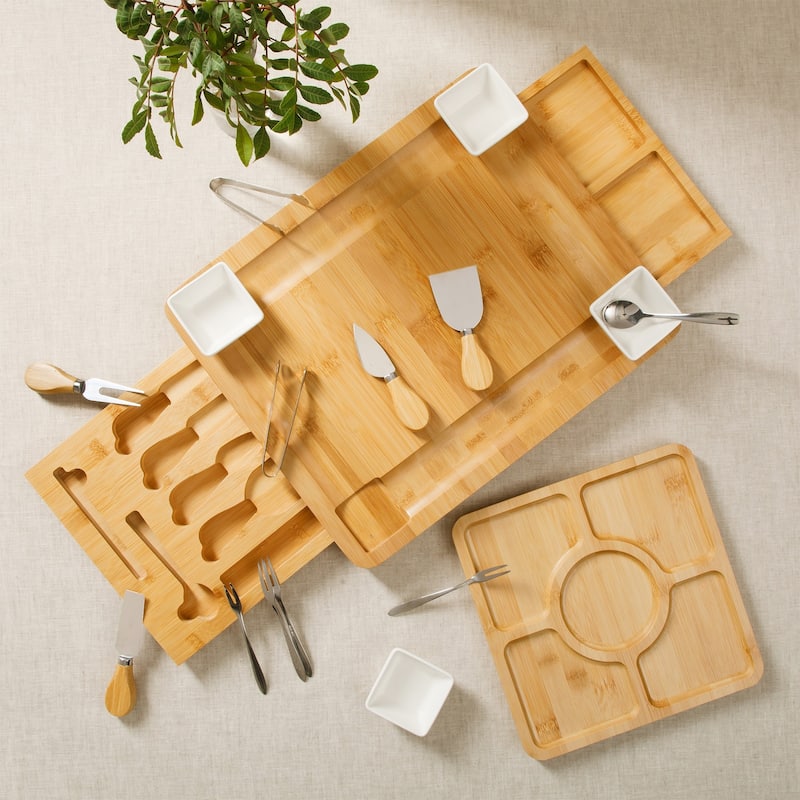 Gibson Home Rustic Inspirations 18-Piece Bamboo Charcuterie Board Set - Ceramic Bowls, Utensils