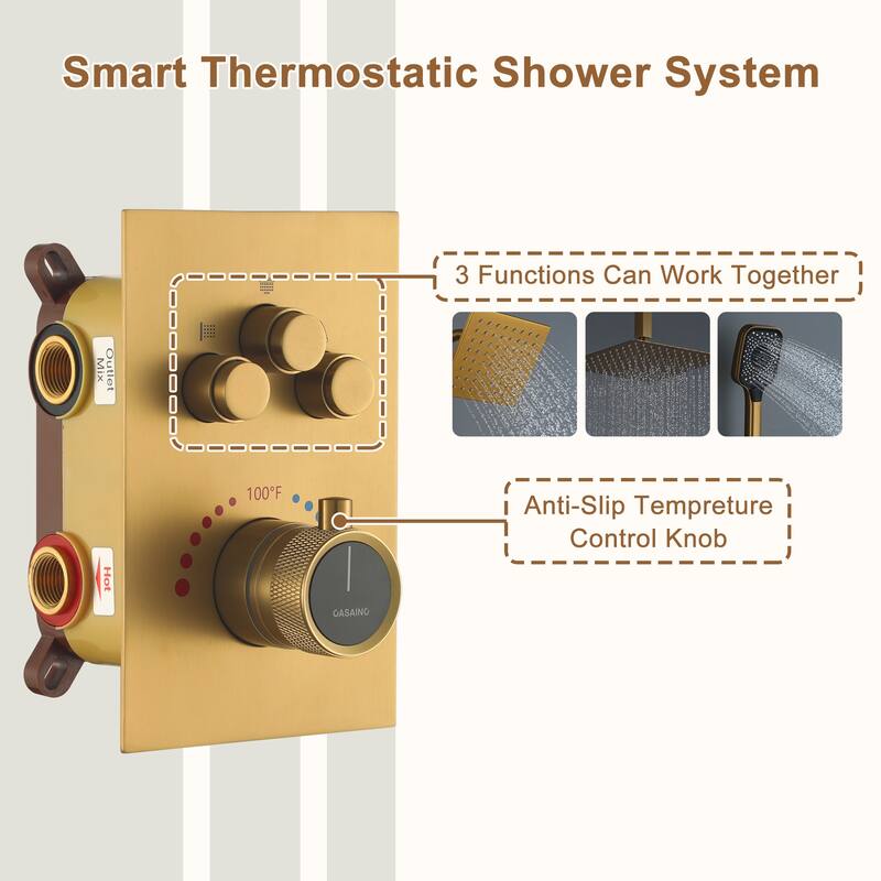 Celling 12 Inch Rainfall Shower Head 3 Function Thermostatic Shower System