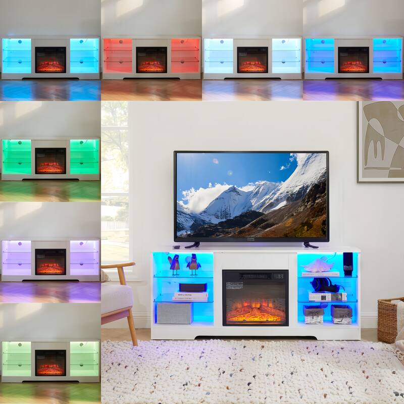 Modern 3D Fireplace TV Stand with USB Ports, LED Color Options, and Glass Storage Shelves for TVs 32-62'' - Black
