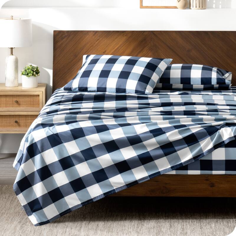 Bare Home Double Brushed Deep Pocket Printed Sheet Set - Split Head Flex King - Gingham Blue