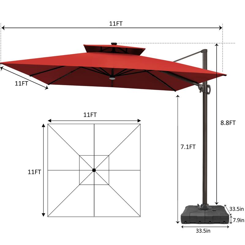 11 FT Square Outdoor Patio Cantilever Umbrella with Solar Lights Wheeled Base Double Canopy 360 Rotation Tilt