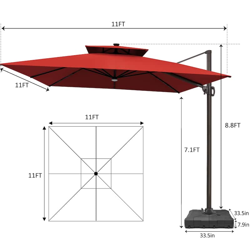 Pellebant 11X11 FT Outdoor Square Cantilever Patio Umbrella Solar LED Lighted with Wheel Base