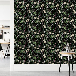 Black Wallpaper with Meadow Flowers Peel and Stick and Prepasted - Bed ...