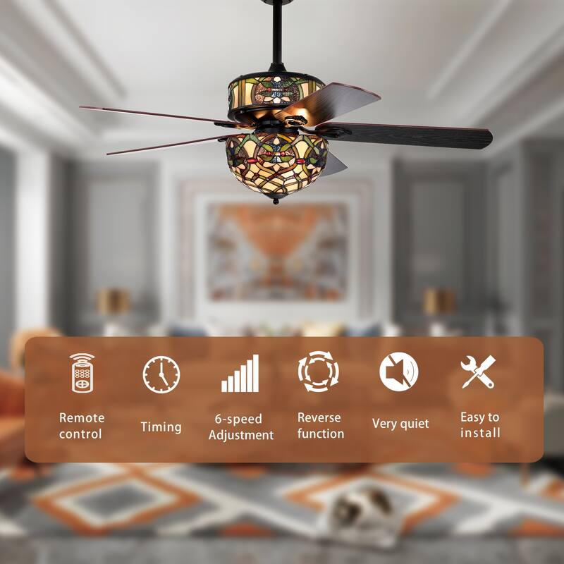 Parponk 52-Inch Flushmount Two-Tiered Lighted Ceiling Fan Green Hatch Tiffany Glass Lamp Black Finish