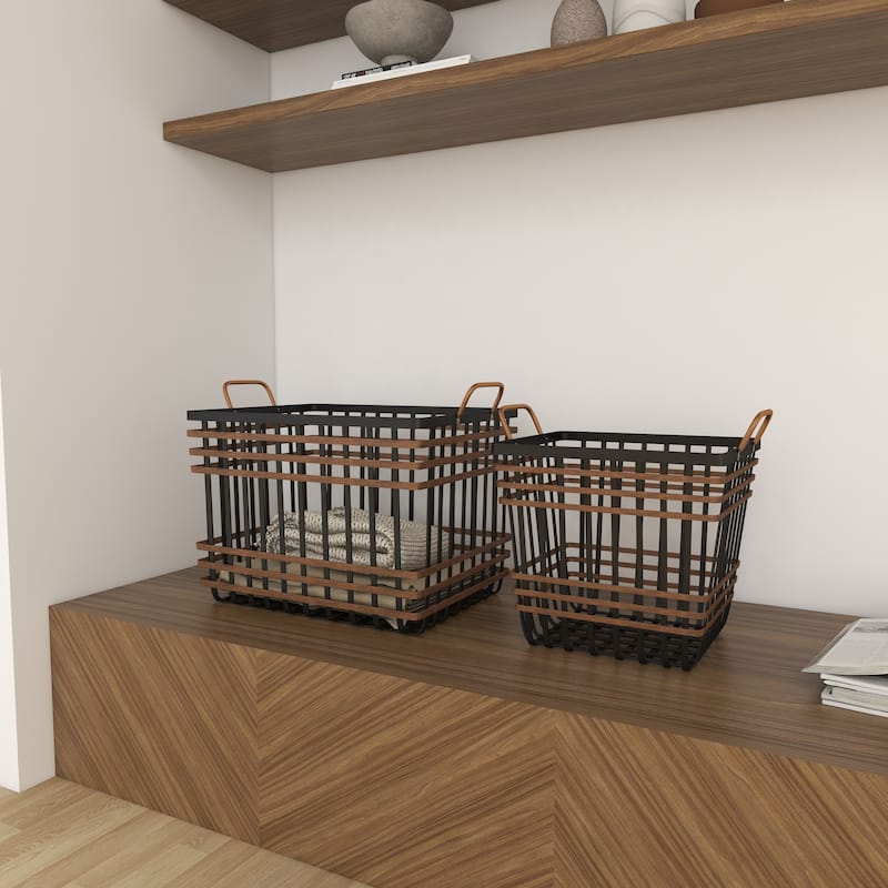 Black Seagrass Decorative and Functional Storage Basket with Handles (Set of 2)