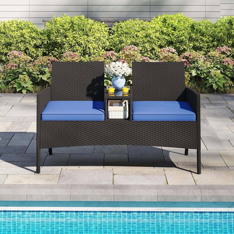 Patio Conversation Set Outdoor Rattan Loveseat w/Built-in Coffee Table