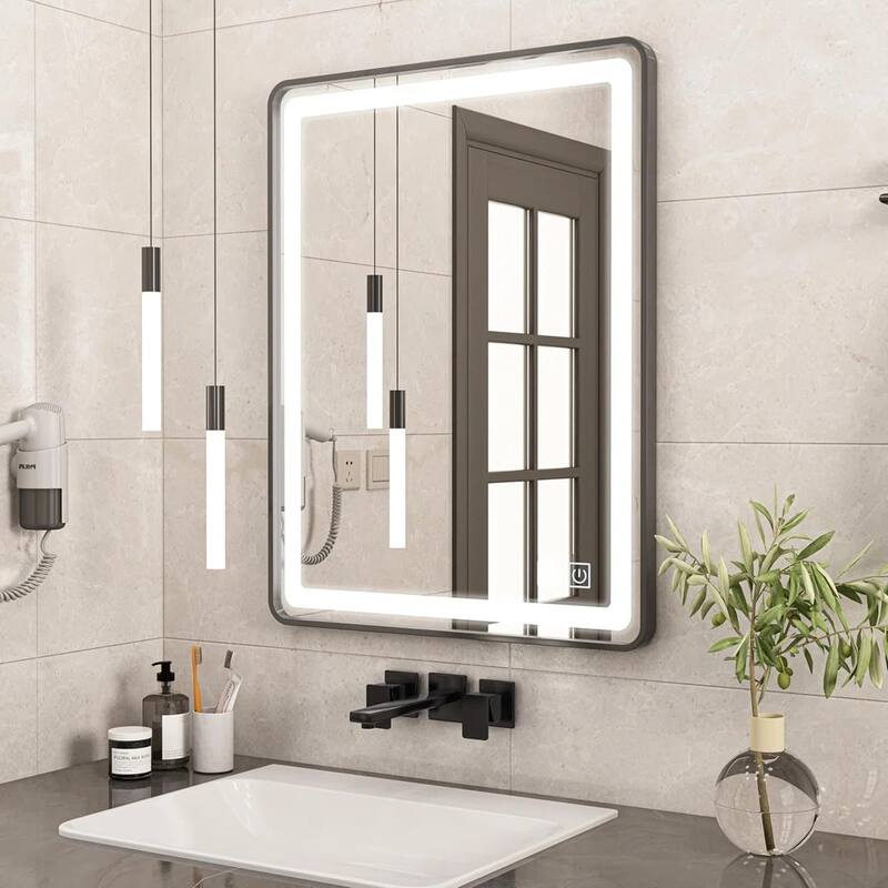 UL Certified Black Metal Framed LED Front Light and Backlit Anti-Fog Wall Bathroom/ Vanity Mirror - 60" x 40"-Rounded Corner - Black