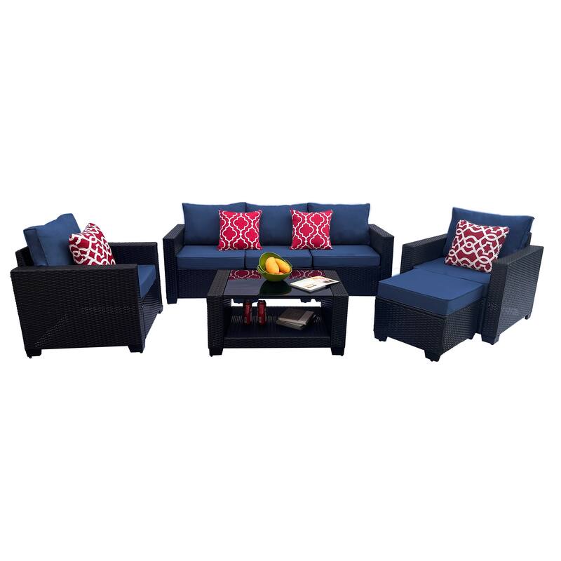 7 Piece Patio Furniture Set, Outdoor PE Rattan Wicker Sectional Sofa Set with 2 Sofa Chairs and Tempered Glass Table