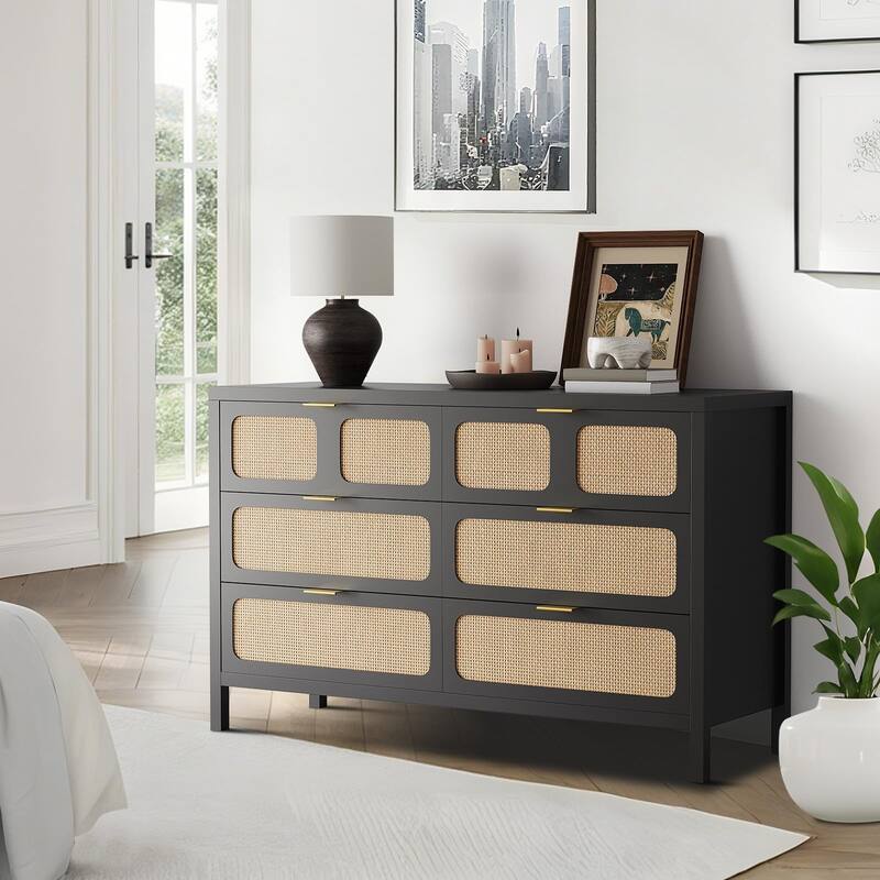 6 Drawer Dresser, Rattan Dresser for Bedroom, Farmhouse Wood Storage Chest of Drawers