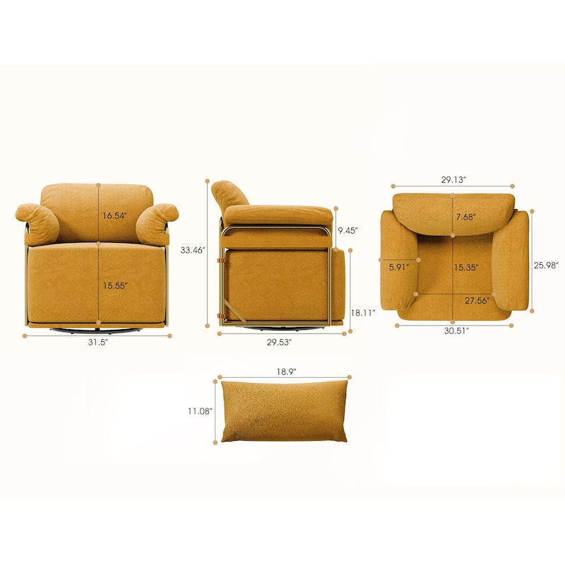 360° Swivel Accent Sofa Chair Fluffy Fabric Gold Legs Orange for Living Room