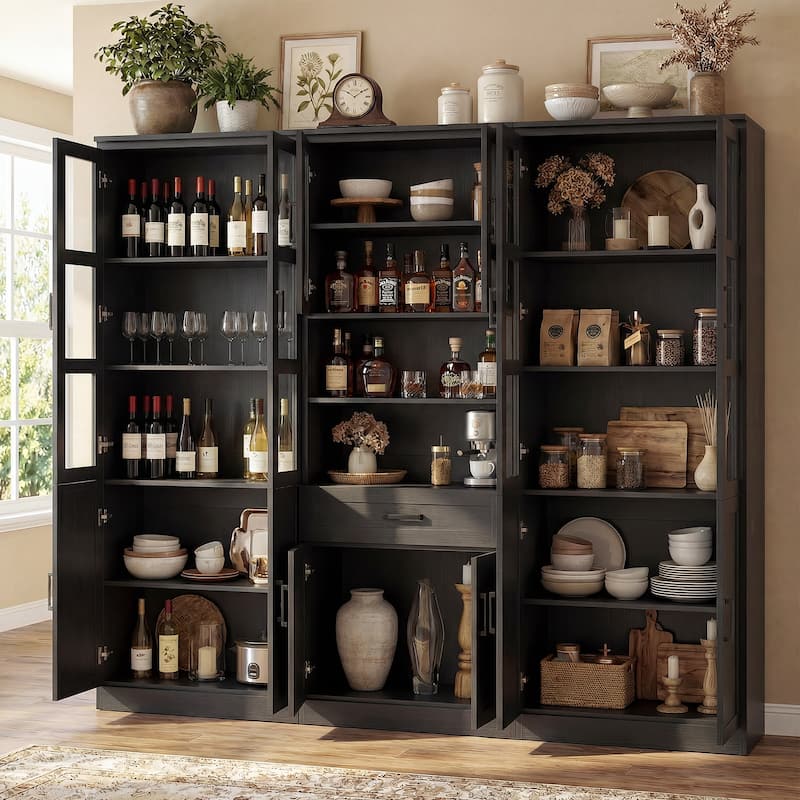 Set of 3 Freestanding Display Bookcase with Glass Doors & Adjustable Shelves & Drawer, for Living Room, Dining Room,Home Office.