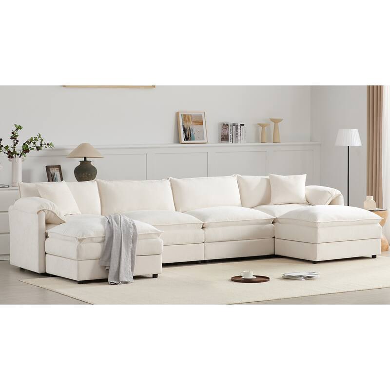 Roomfitters 136" Chenille Sectional Sofa, U Shaped Cloud Couch with Deep Wide Seat, 6 Seat Sofa with Ottoman