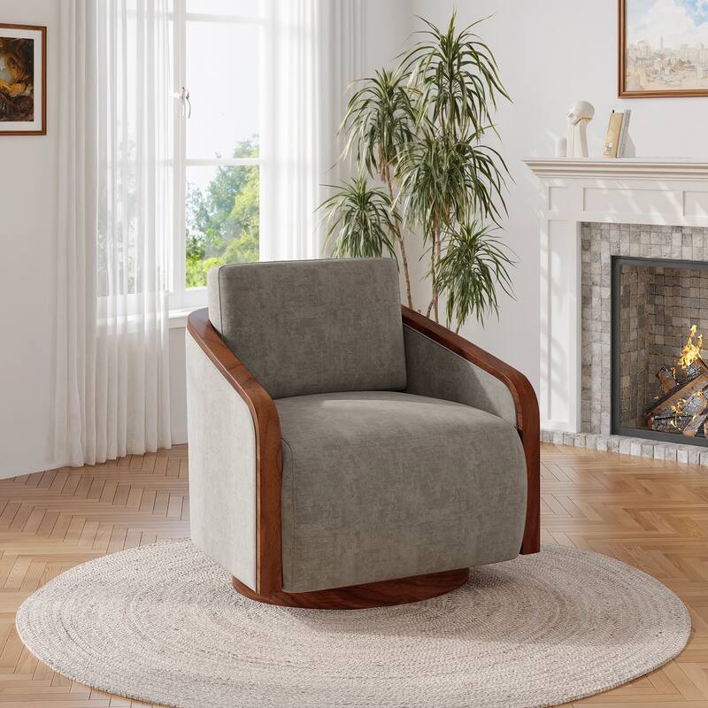 Upholstered Swivel Barrel Chair with Curved Wood Arms