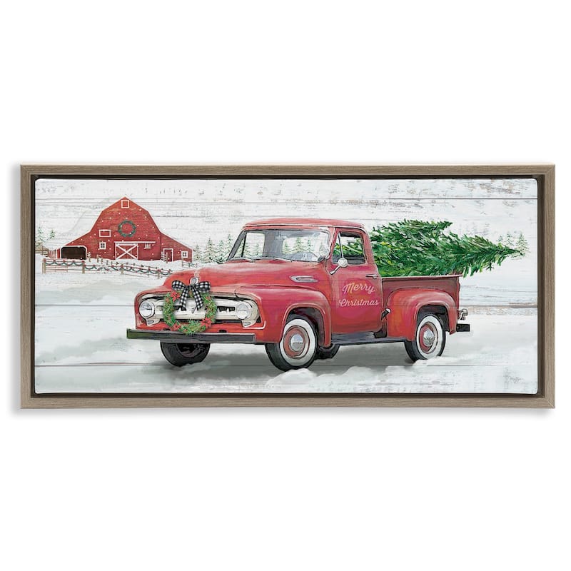 Stupell Christmas Truck on Snowy Farm Framed Floater Canvas Wall Art Design By Mollie B. - 25 x 11 - Brown