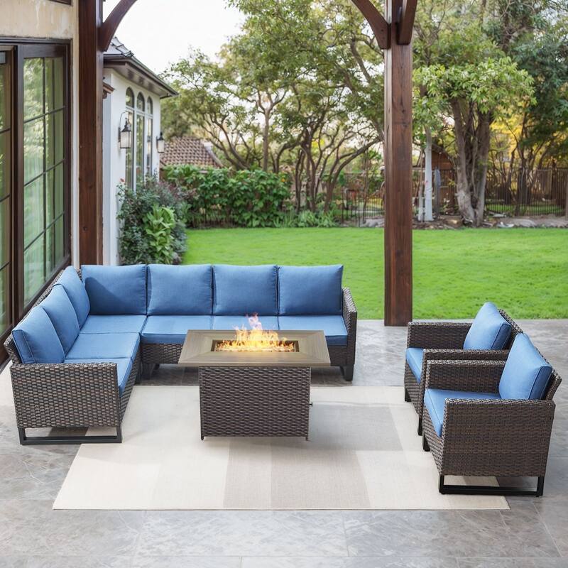 Gymojoy L-Shaped Outdoor Corner Sectional Sofa 6-seats Couch Conversation Set - 4 PCS - Fire Pit & Club Chairs - Brown Wicker / Blue Cusion