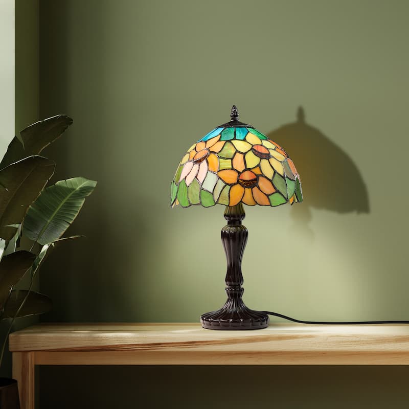 Sunflowers River of Goods Brown Metal and Stained Glass Dome Shade 16.5-Inch Table Lamp - 10" x 10" x 16.5"