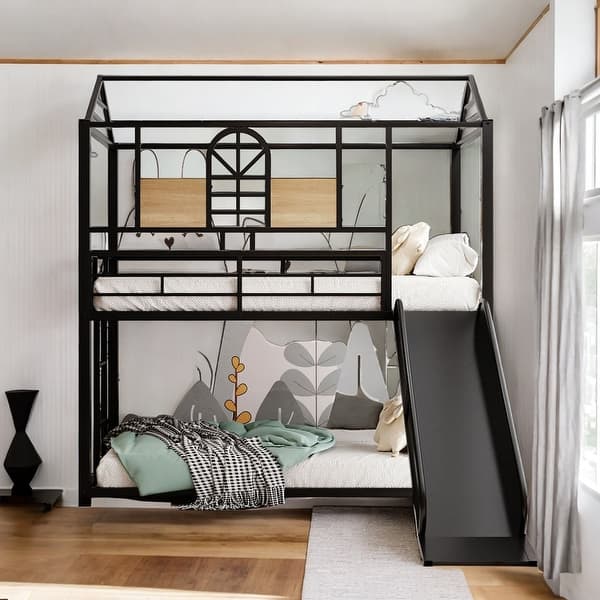 slide 2 of 18, Stylish Twin Over Twin Metal House Bunk Bed With Slide, Sturdy Frame, Safety Ensured, Friendly Design, Black Black