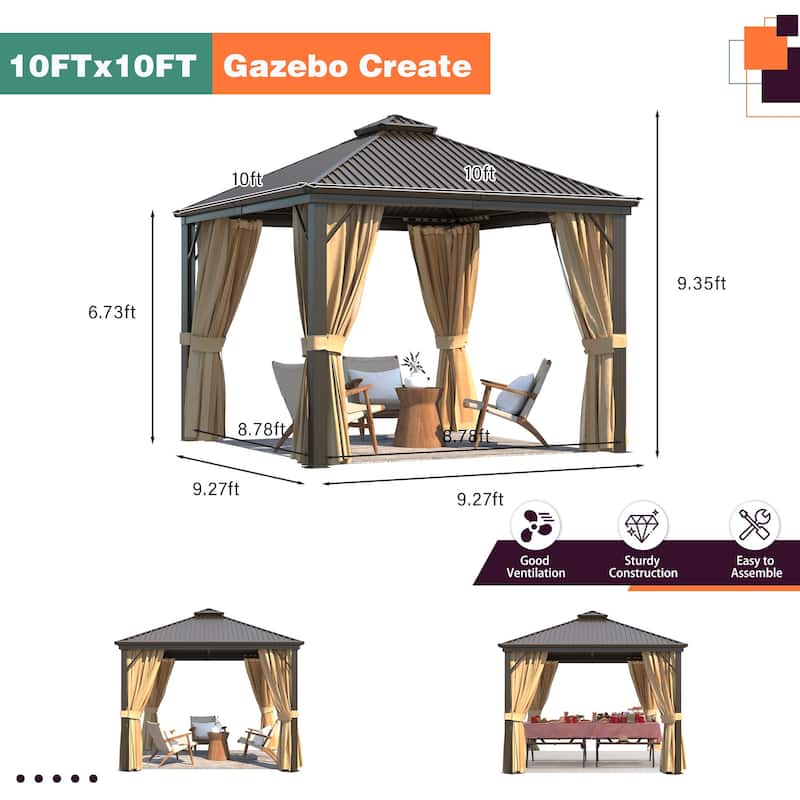 Permanent Hardtop Gazebo with Double Galvanized Steel Roof & UV-Resistant Curtains | Heavy-Duty Aluminum Frame for Patio