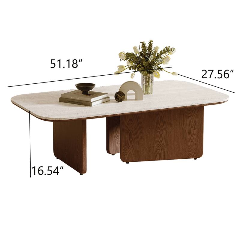 Mid Century 51.18" Coffee Table, Beige Sintered Stone Table Top, 3 Solid Wood Legs, Brown