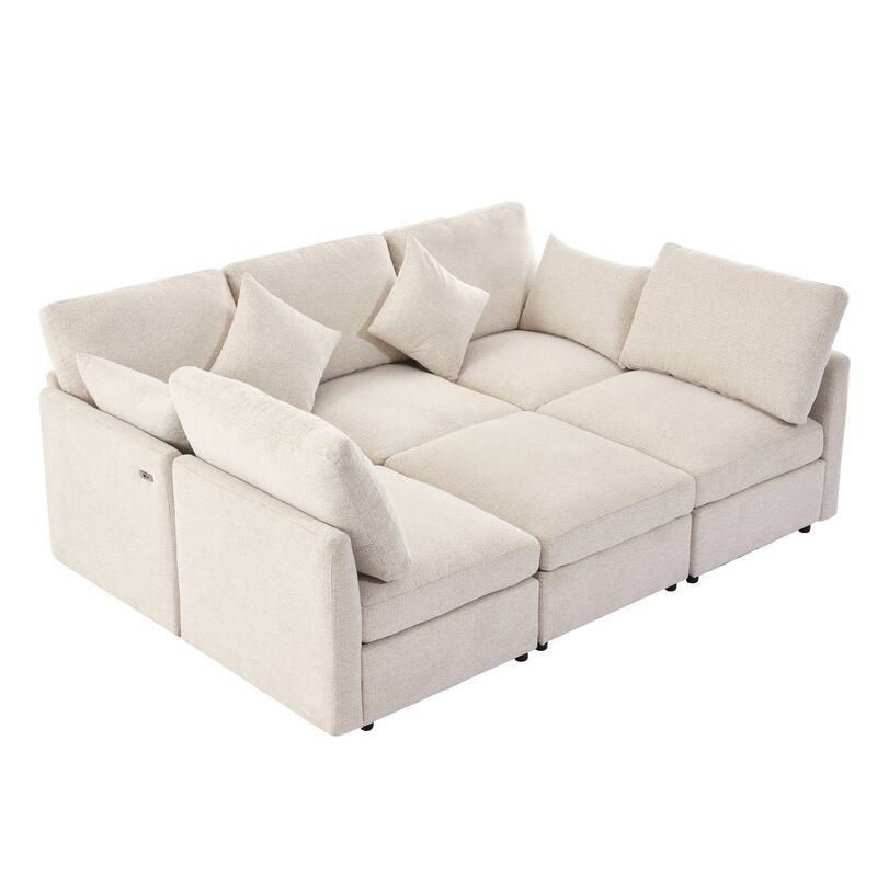 L-Shaped Modular Sectional Sofa Convertible U-Shaped Sofa Bed with Movable Ottoman and 2 USB Ports, 2 Pillows, Chenille 5 Seat