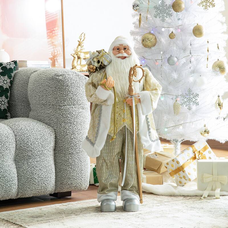 Glitzhome 35"H Oversize Faux Fur Christmas Santa Figurines - Silver&Gold