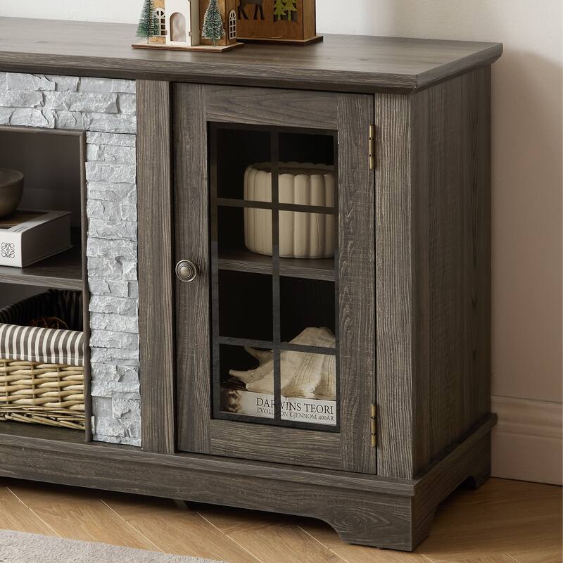 TV Stand with Cable Management Cutouts, Faux Stone Media Console Cabinet, 2 Door Entertainment Center for TVs up to 65''