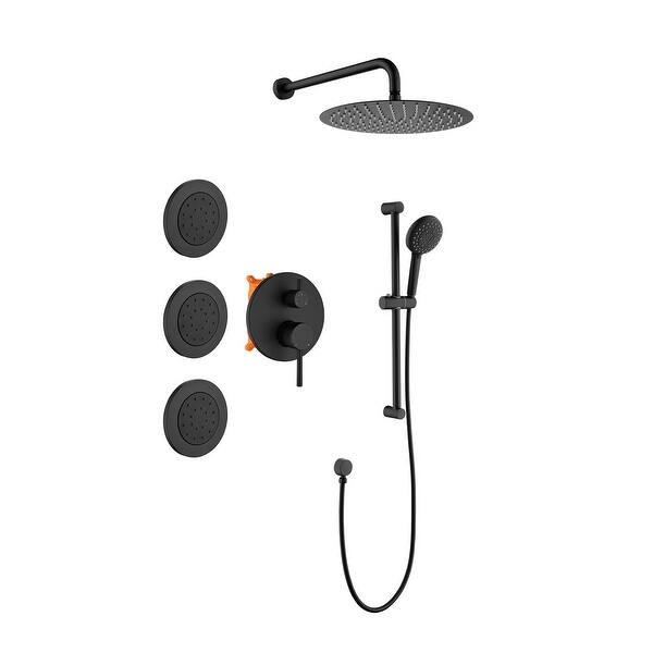 slide 2 of 20, Wall Mounted Shower System With Hand Shower Faucet With Body Jets 12 Inch Rainfall Shower Head Kit Tirm With Rough-In Valve Matte Black