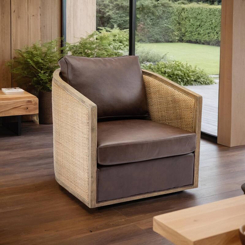 Swivel Barrel Chair with Rattan Design, Leather Accent Sofa Chair, Club Chair with Pillow, Leisure Arm Chair for Living Room - Brown