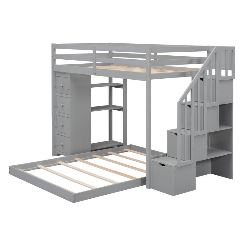 Twin Over Full Pine Bunk Bed with Shelves, Drawers, and Stairs