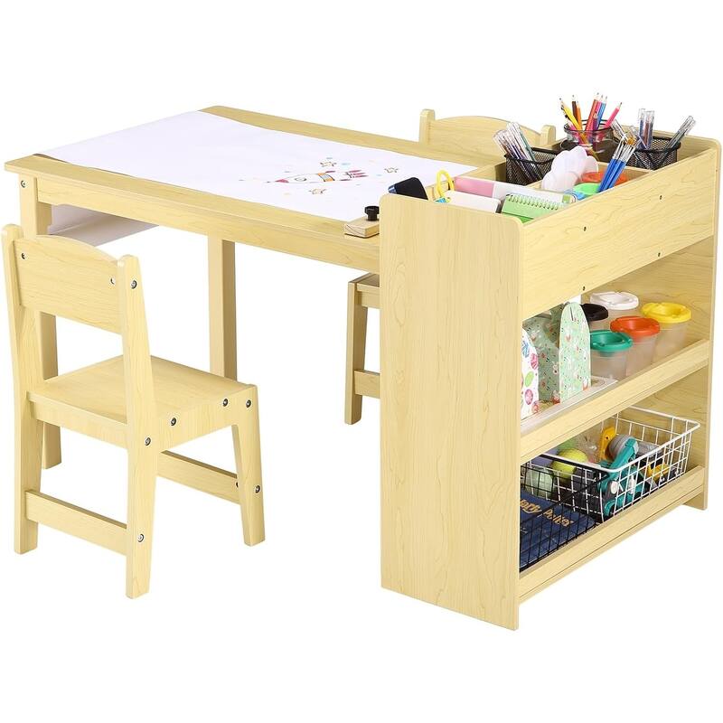 Kids Art Table and 2 Chairs, Craft Table with Large Storage Shelves