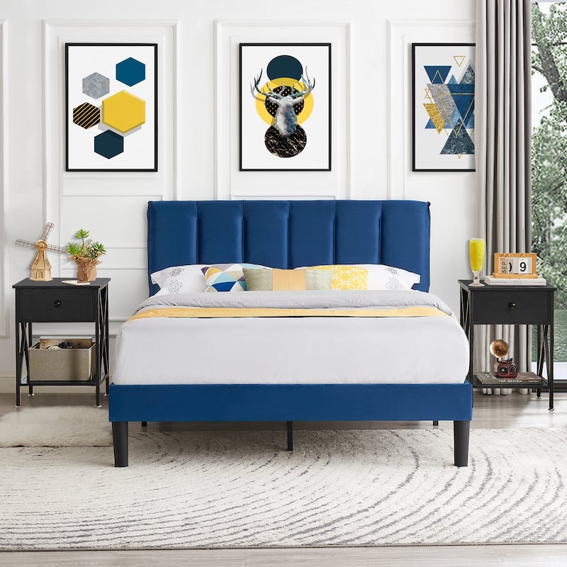 VECELO 3-Pieces Tufted Upholstered Platform Bed Frame with Adjustable Height Headboard and Nightstands Set of 2, Dark Blue - Black - Queen