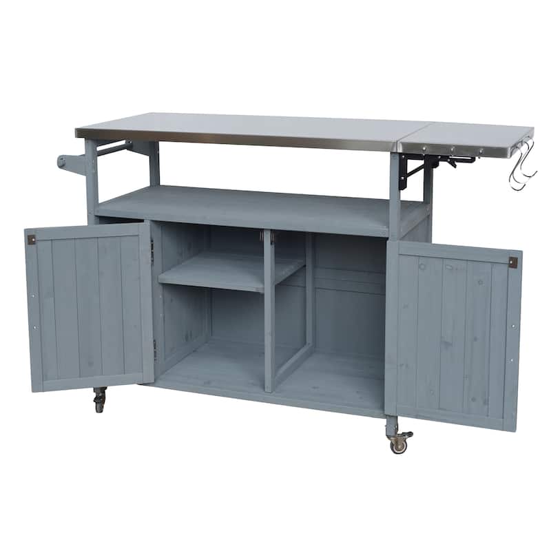 Christopher Knight Home - 54.33" Solid Wood Mobile Outdoor Kitchen Cart with Stainless Steel Top & Spice Rack & Lockable Wheels