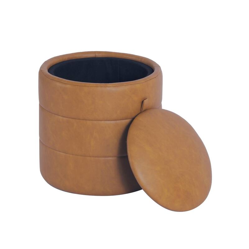 Pero Storage Ottoman, 18 Inch Round Removable Lid, Brown Faux Leather