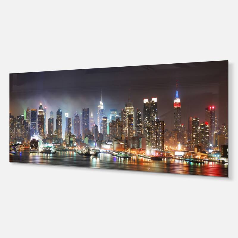 Designart 'Lit NYC Manhattan Skyline' Cityscape Photo Metal Wall Art