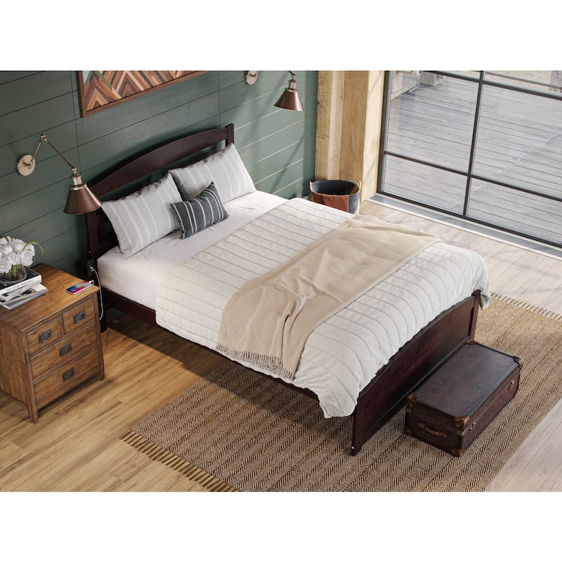 Rustic Queen Platform Bed - Solid Wood Bed Frame with Footboard & Charging Station, Espresso Finish