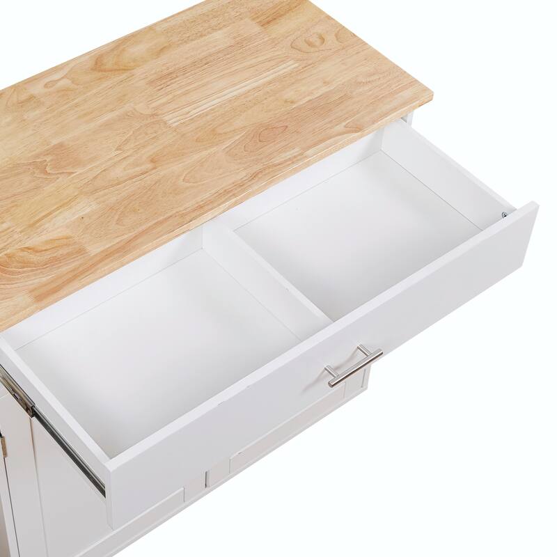 Kitchen Island with Rubber Wood Top, Spacious Drawer, Internal Storage Rack, Wheels