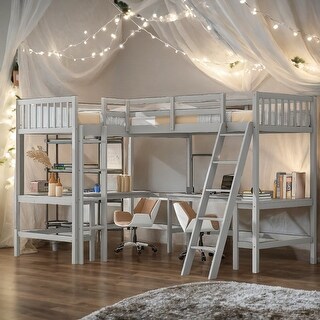 Contemporary Wood Twin Size L-Shaped Loft Bed with Ladder and 2 Built-in L-Shaped Desks, 2 Beds in 1, Solid Construction, Gray