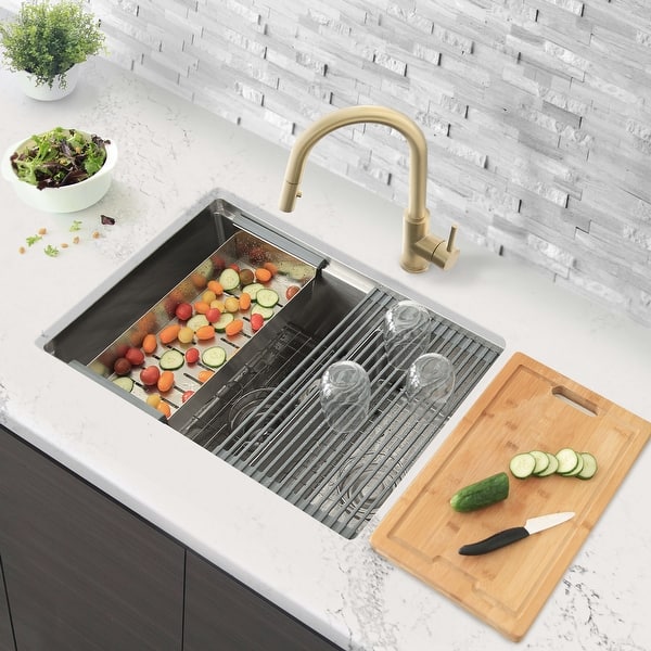 slide 2 of 17, STYLISH 28 inches Workstation 60/40 Double Bowl Undermount 16 Gauge Stainless Steel Kitchen Sink with Accessories included Brushed Stainless Steel