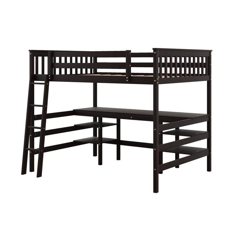 Full Size Loft Bed with Desk and Shelves Wooden Full Loft Bed