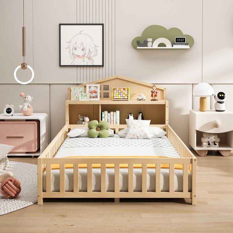 Wooden Full Size Montessori Floor Bed with Bookcases and Blackboards, Solid Pine Floor Platform Bed Frame with House Headboard - Natural - Full