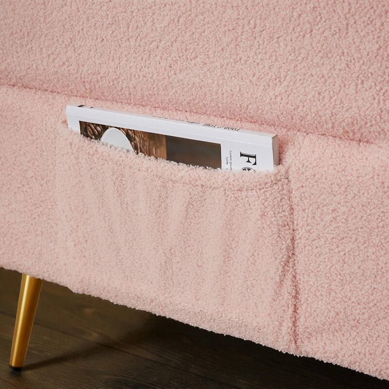 Modern Teddy Loveseat Sofa with Side Pocket, Folding Sleeper Sofa Bed with Adjustable Backrest and Golden Metal Legs