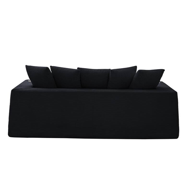 Modern Convertible Loveseat Sofa Bed, Corduroy Fabric Foldable Floor Couch w/5 Pillows, Side Pockets & Cup Holders, No Assembly