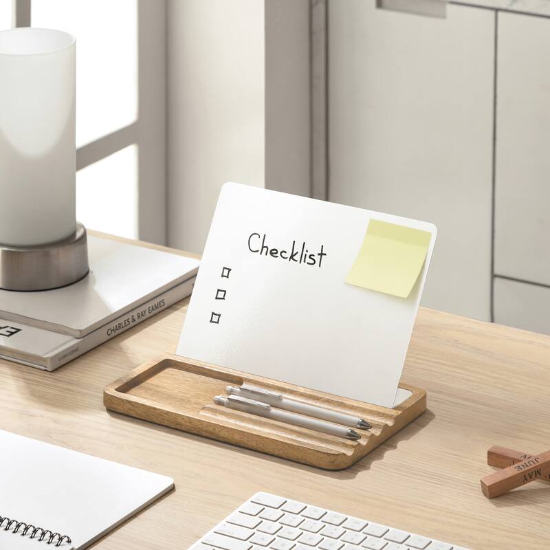 Jani Wooden Desk Organizer with Magnetic Whiteboard - Solid Wood, Hidden Storage & Anti-Skid Base for Home, Office & Workspaces - White